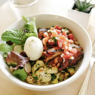 Grilled Chicken Tocino 
 
 Grilled Boneless Chicken, Brown Rice, Roasted Cauliflower, 6-min Egg, Farmers Market Greens, and Kamatis.