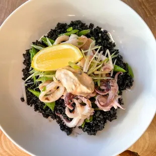 Squid Ink Fried Rice 
 made with pan seared Calamari, Seasonal Vegetables, Aioli and Scallions *Dinner Exclusive*