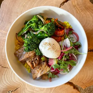 Korean Braised Brisket Bowl with Seasonal Vegetables, Cucumber Kimchi, Turmeric Coconut Rice, and Soft Boiled Egg *Dinner Exclusive*