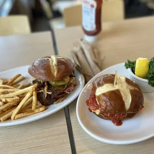 On the left is the Brisket Burger with fries, on the right is Chicken Parmigiana wi h steamed kale. Completely scrumptious as always!!!!