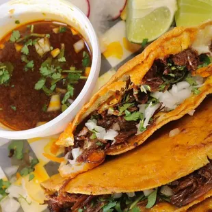 Quesa Birria taco plate served with 3 tacos and fresh Menonite cheese... yummy!!
