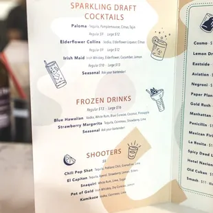 Sparkling Draft Cocktails/Frozen Drinks/Shooters Menu.