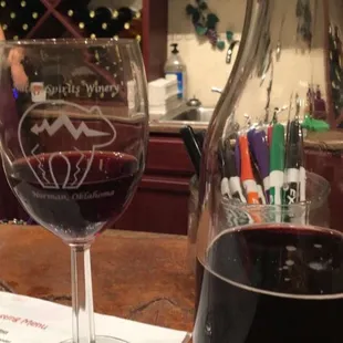 a glass of wine and a decanter