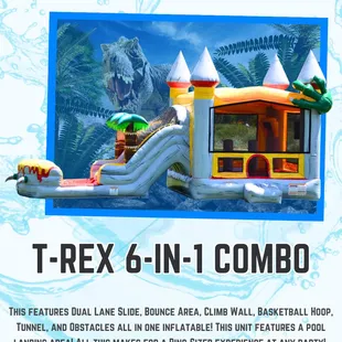 6 in 1 T-Rex Bounce House Water Slide Combo Rental in Sacramento