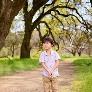 There's an area with beautiful oak trees, path for walking, benches...
