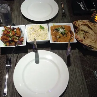 Baingan Aloo, Saffronn Rice, Chicken Madras, and Laccha Paratha