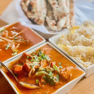 Chicken Tikka Masala, Garlic Naan Bread, Saffron Rice