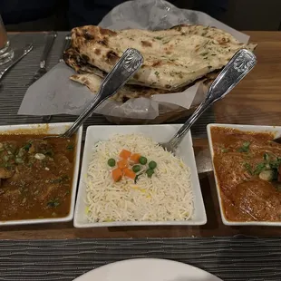 Punjabi Chicken Curry, Chicken Makhani (Butter Chicken), Garlic Naan