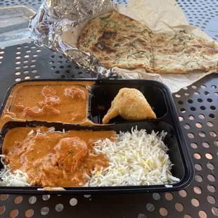 Two Item Combination - Chicken Tikka Masala, Vegetable Samosas, Garlic Naan