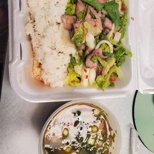 Spicy beef salad and soup of the day