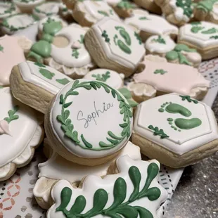 a tray of decorated cookies