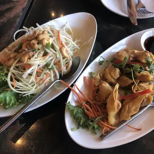 Papaya Salad (left), Crispy Wonton (right)