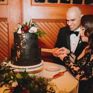 Cutting our vegan Mexican Hot Chocolate wedding cake, Archer Inspired Photography