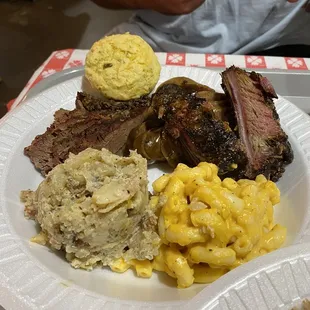 Brisket, jalapeño sausage, ribs with Mac &amp; cheese and baked tater salad