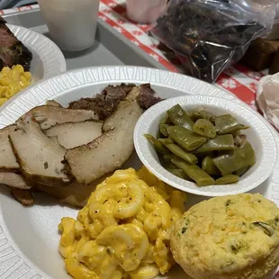 Brisket and smoked turkey with Mac &amp; cheese and green beans