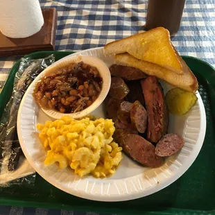 Two meat combo. Jalapeño Sausage &amp; Ribs with BBQ Beans and MAC &amp; Cheese
