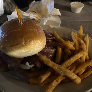 BLT burger with fries. Look at all of that bacon!