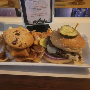 BUILD YOUR OWN SMASH BURGER, CHIPS, COOKIE, IRISH EGGROLLS, AND SOLO PRETZEL WITH CHEESE.