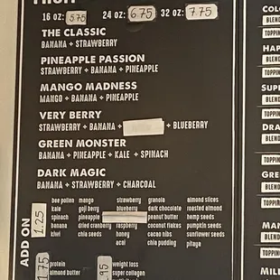 a menu for a variety of smoothies