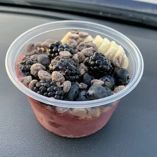 blueberries, bananas, and granola