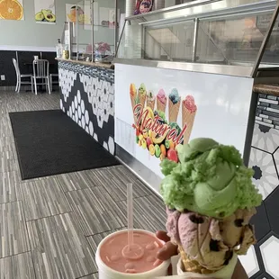 Beet, carrot, ginger, lime, pineapple juice. Black cherry and pistachio ice cream.