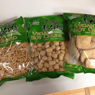 three bags of vegan gourmet