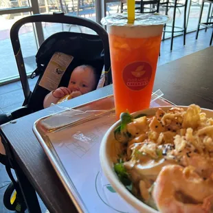 Create Your Own Rice Bowl and Popping Boba Peach Green Tea.