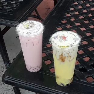 My fiancee&apos;s strawberry milk tea and my creme brulee bubble tea.