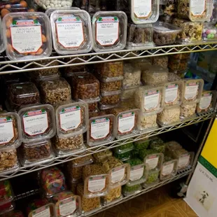 a variety of food items on shelves