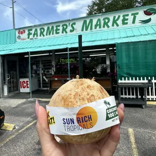 a person holding a sandwich in front of a store
