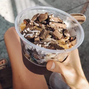 açaí with banana, blueberries, dark choc belgian crumble, and the secret vegan nut berry blend