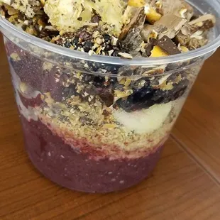 (base is acai, blueberry, strawberry and banana) added protein granola, blackberries, banana and dark chocolate pretzel crunch