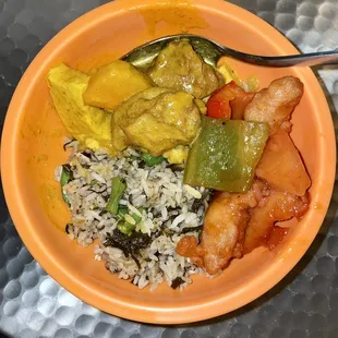Pumpkin, Taro &amp; Tofu Curry (top), Veggie Sweet &amp; Sour Pork (right), &amp; Chao style fried rice (left).