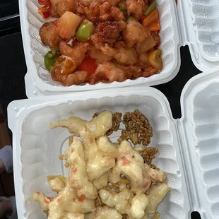 Veggie Pork with Sweet &amp; Sour Saucd (top), and veggie Honey Walnut Prawns (bottom).