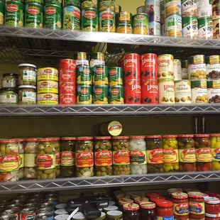 a shelf of canned food