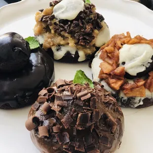 dutch chocolate, banana nibs,apple cinnamon,espresso vegan donuts