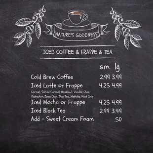 a menu for iced coffee and tea
