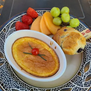egg and cheese souffle with a Blueberry muffin, delicious