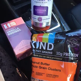 a variety of food items in a car