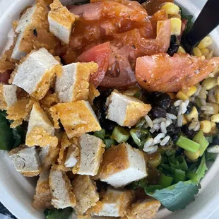 Latin protein bowl with plant-based chicken. A+!