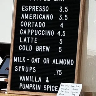 Coffee bar menu