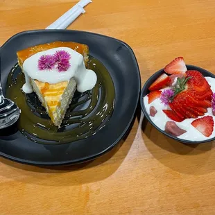 Corn cheesecake and strawberry dumplings for dessert.