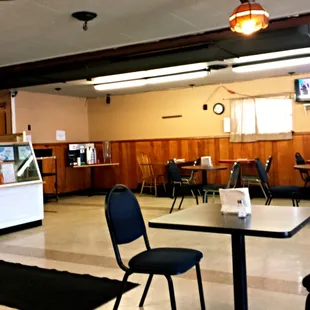 The view of the spartan dining area from my table.