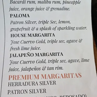 Part of the drink menu
