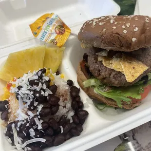 Naughty buddha burger and Bajan Rice