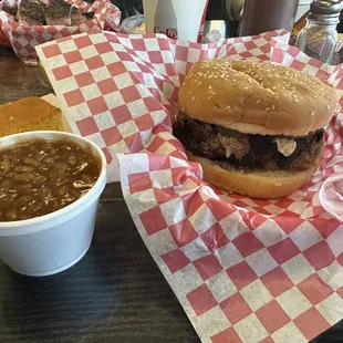 Brisket Sandwich, baked beans &amp; corn bread