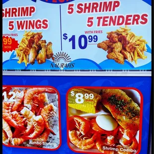 a menu for shrimp wings and shrimp tenders