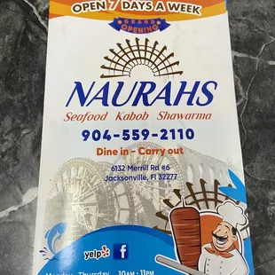 Menu cover, contact info and business hours.