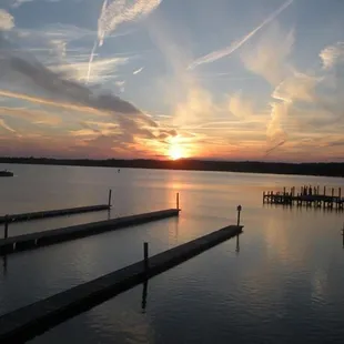a dock at sunset
