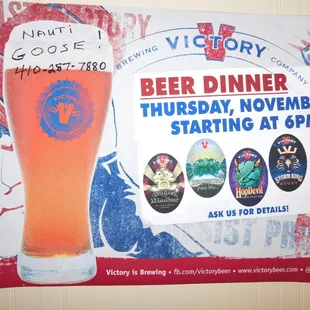 BEER DINNER every Thursday starting November 5, 2015.